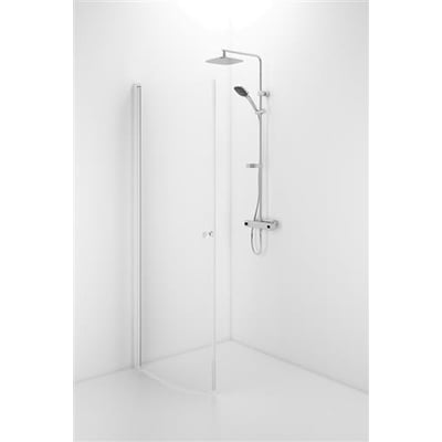 Contura Shower Space buet brusedør med hvid profil og frostet glas står monteret ved en bruser.