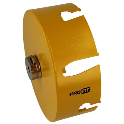 PRO-FIT HM hulsav med en diameter på 165 mm i gul metal med indgraveret mærke og instruktioner om sikkerhed.