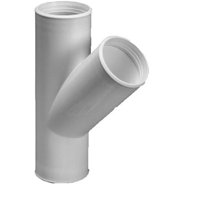 Tættere visning af Purus 45 graders grenrør, der fremhæver den hvide PP/TPE plast og de indvendige muffelukninger.
