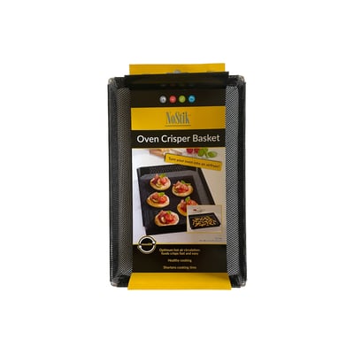 Sort meshkurv til air fryer på 20 x 12 cm ses sammen med gul og sort Nostik-emballage.