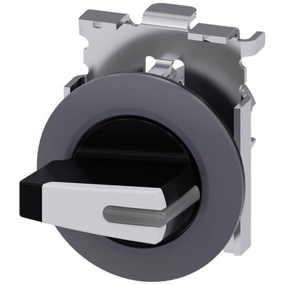 Siemens Sirius Act 30mm rund metal vælgerkontakt i mat hvid med sort greb og metalmonteringsring på hvid baggrund.