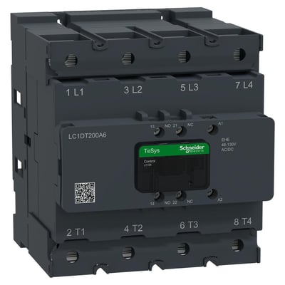 Schneider Electric TeSys Deca Advanced 4P kontaktor med 48-130V AC/DC spole, vist med mærket EHE og 1NO+1NC hjælpekontakter.