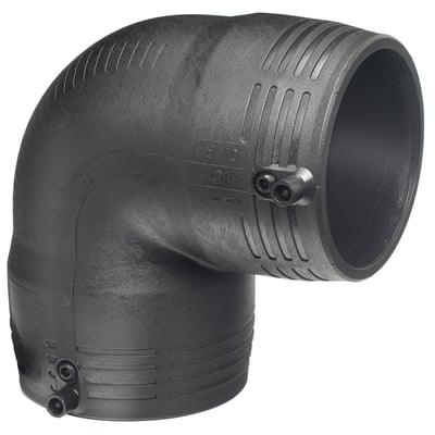 Georg Fischer ELGEF Plus PE EL-vinkel 90° med 125 mm diameter og SDR11. Fremstillet i sort PE100 materiale på hvid baggrund.