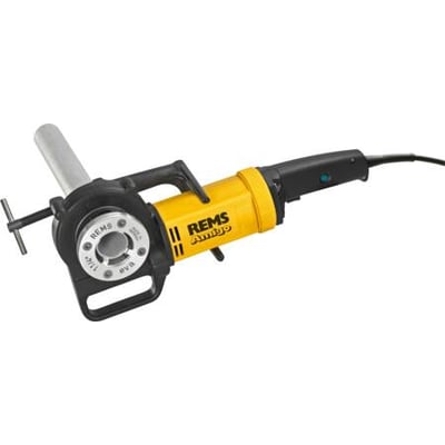 REMS Amigo 2 sæt med gevindskæringsværktøj, viser det gule elværktøj med sort håndtag og tilbehør på en hvid baggrund.