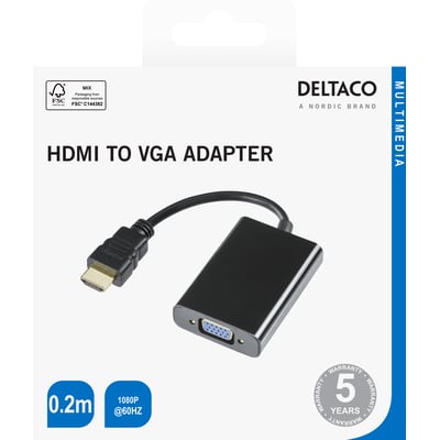 Deltaco HDMI til VGA-adapter med kort sort kabel og HDMI-stik, vist på emballagen.