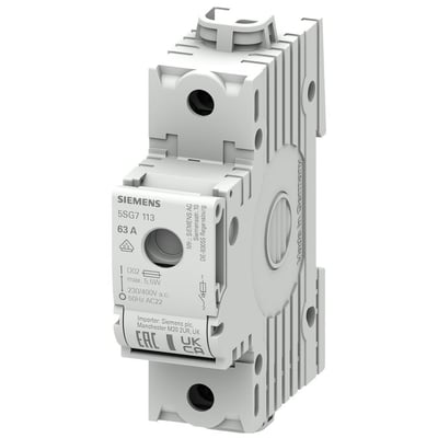 Siemens 5SG7 113 D02 sikringsafbryder i grå plast med mærkat mærket 63A og 230/400V AC.