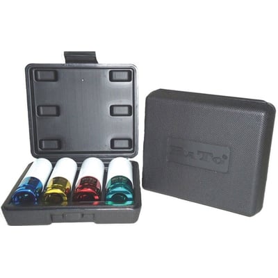 Bato krafttopsæt med 4 stk. toppe i farverne blå, gul, rød og grøn med plastbeskyttelse, leveres i sort opbevaringskuffert.