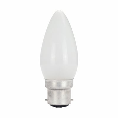 SpectrumLED stearinlyspære med B22d-fatning, 40 W og 230 V, med aflang, lys kuppel og metalfatning.