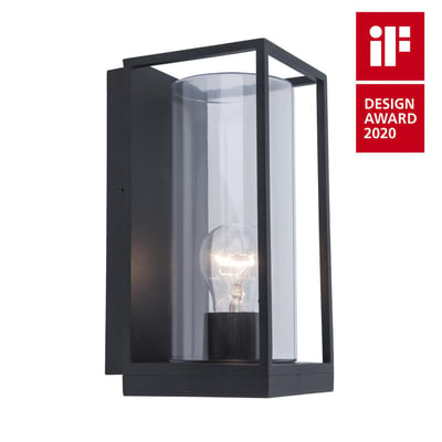 FLAIR væglampe med sort metalramme og cylinderformet glas, samt en E27 lyskilde installeret. Lampen har et IF designpris 2020 mærke.