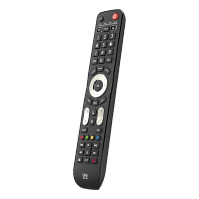 One For All Evolve 4 universalfjernbetjening i et dynamisk vinklet billede, der fremhæver dens sorte finish og ergonomiske form.