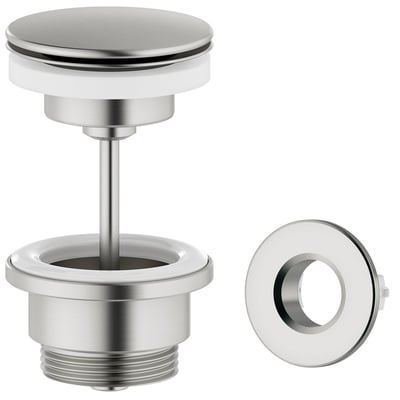 Damixa push-up bundventil i Steel (PVD) messing med 63 mm diameter og 1 1/4" gevind, vist med overløb på hvid baggrund.