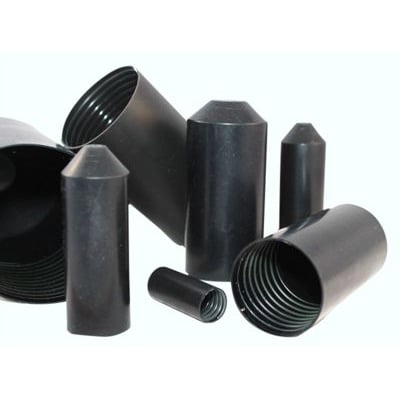 Sort krympeendemuffe sortiment til rør fra Ø15-35 mm, vist med forskellige størrelser og åben ende.