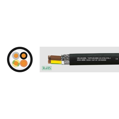 HELUKABEL Motorkabel TF-EMV-UV-2YSLCYK-J med 4G70 QMM og 0.6/1KV spænding, vist med tværsnit og ydre beklædning.