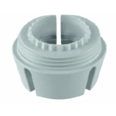 Detaljeret billede af IMI Danfoss RA-ventil adapter i grå plast, der viser den indvendige gevind og ydre spor.