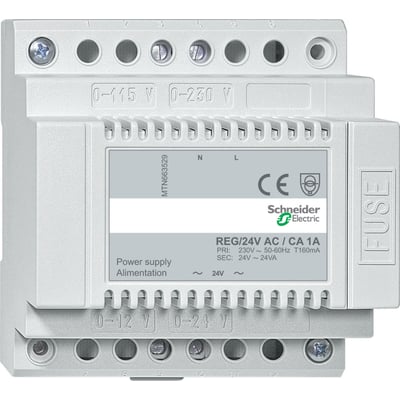 Schneider Electric spændingsforsyning MTN663529 REG/24V AC / CA 1A til DIN-montering med 24V AC udgang og 1A kapacitet.