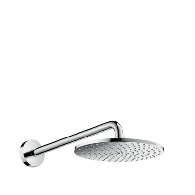 Hansgrohe Raindance S 240 hovedbruser i krom, monteret på en lang brusearm mod en hvid baggrund, viser stråleskiven.