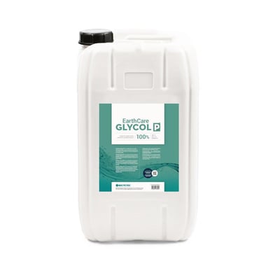 Hvid dunk med sort låg og grøn etiket med EarthCare monopropylenglykol, 100 % koncentration og 25 l.