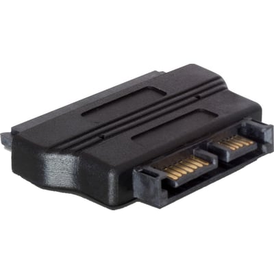 Sort DeLock SATA til Slim SATA-adapter set fra modsat vinkel med de guldfarvede stikben synlige.