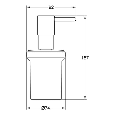 Teknisk tegning af Grohe Essentials sæbedispenser med dimensioner for højde, bredde og diameter.