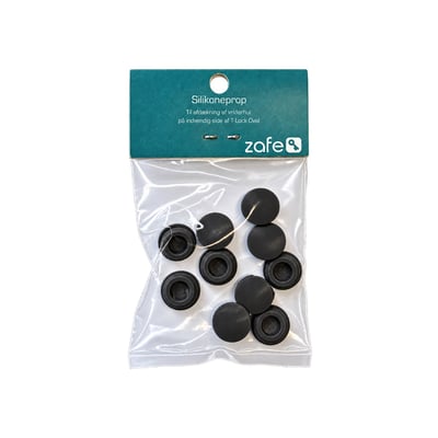 Zafe sort silikoneprop til T-Lock ses i klar emballage med runde propper.