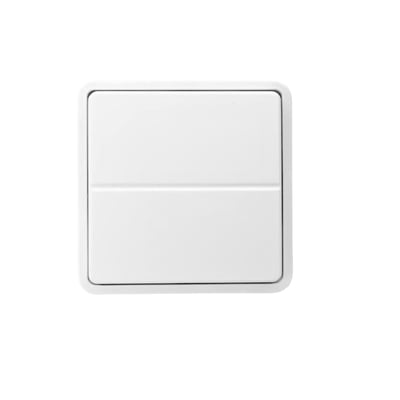 Jumitech trådløst Zigbee tryk i hvid med to separate taster til lysstyring og temperaturjustering, vist på hvid baggrund.