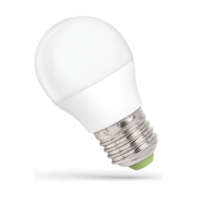 SpectrumLED dæmpbar LED-kronepære med E27-fatning og matteret G45-glaskuppel, vist skråt med metalsoklen synlig.