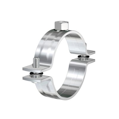 Flamco BSF rørbøjle i blank metal, designet med to skruer og møtrikker til montering af rør.