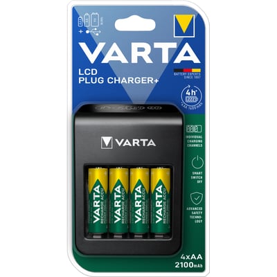 Varta LCD Plug Charger+ pakke med fire AA 2100mAh genopladelige batterier og oplader med USB-port på fronten.