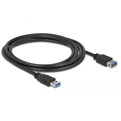 DeLock USB 3.0 forlængerkabel på 2 meter, sort, med Type-A han- og hunstik, vist på hvid baggrund.