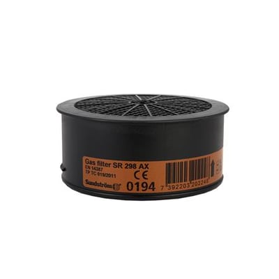 Sundström SR298 AX gasfilter i sort plast med orange mærkat, viser modelnummer og certificeringer.
