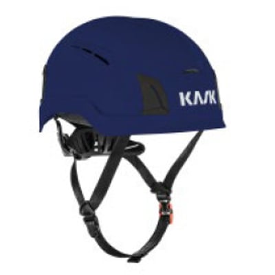 Kask Zenith X Max Air sikkerhedshjelm i blå med sort hagerem og justeringsstropper, set skråt forfra.