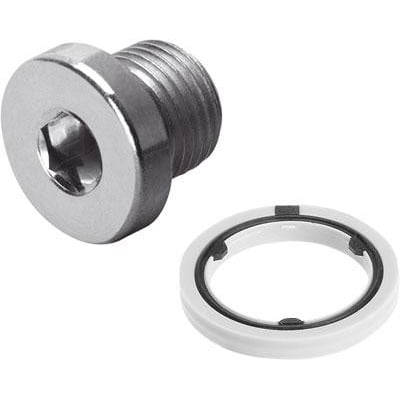 Festo blindprop B-1 iht. DIN 908 med gevind og unbrakohul ved siden af en hvid tætningsring med gummipakning.