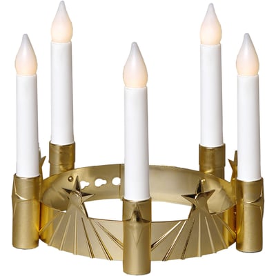 Star Trading Luciakrone i guld med 5 hvide lysholdere og detaljer, fremstillet af plast, klar til batteridrift.