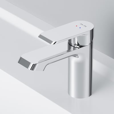 AM.PM Flash håndvaskarmatur i krom med blank messingoverflade, 1-grebs betjening og tydelig AM.PM logo på en hvid vask.