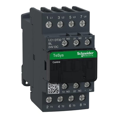 Schneider Electric TeSys D 4-polet kontaktor til 32A/440V AC-1 med 24V DC-spole og 1NO+1NC kontakter.