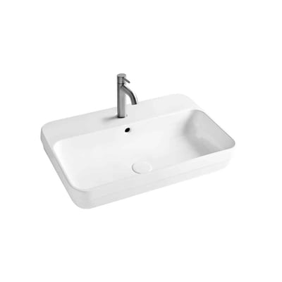 Hvid, firkantet Lavabo Legacy 60 håndvask i porcelæn, set skråt ovenfra med hanehul og overløb.