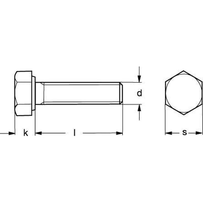 Teknisk tegning af M 5x12 A4 sætskrue med dimensioner markeret som k, l, d og s.