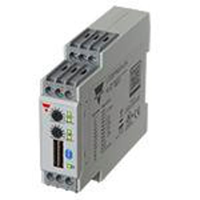 Carlo Gavazzi sløjfe-/loopdetektor med to relæudgange og to vejsløjfer, set skråt med tilslutningsklemmer foran.