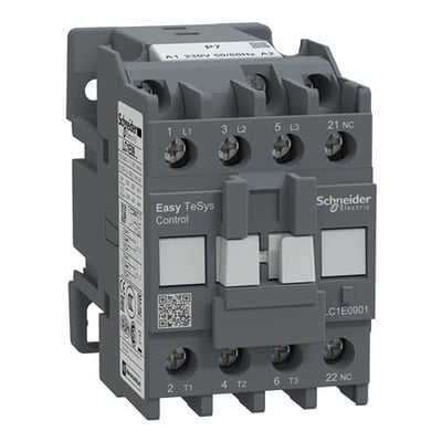 Schneider Electric Easy TeSys kontaktor i grå plast med synlige skrueklemmer, 9 A, 3P+1NC og 230 V AC.