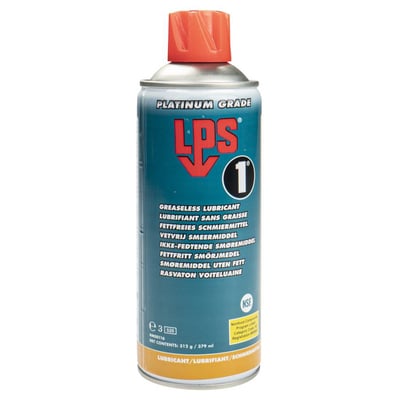 LPS 1 Platinum Grade spraydåse med rød top og blåt etikette, der viser produktets egenskaber som fedtfri og hurtigvirkende, med 379 ml indhold.