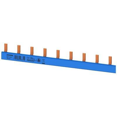 Siemens PIN samleskinne blå, 10mm², 1000mm lang med kobberfarvede stifter på et hvidt baggrund.