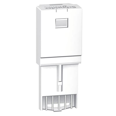 Schneider Electric hukommelseskort CCT15861 til ITM ur Acti 9, hvid plastmodel set fra siden med logo tydeligt på toppen.
