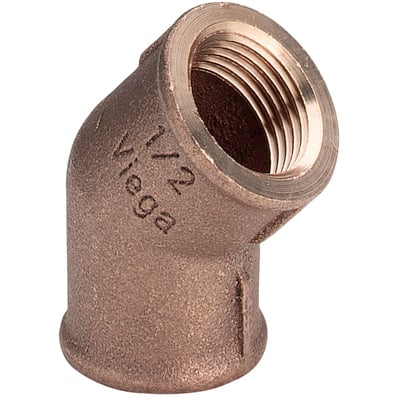 Viega 1/2" rødgods vinkel med 45° bøjning, muffe/muffe forbindelse, vist på hvid baggrund.