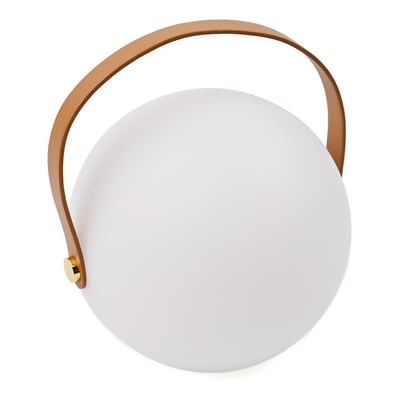 Hvid opladelig RGB LED-bordlampe med rund skærm, buet brunt bærehåndtag og gyldne beslag.