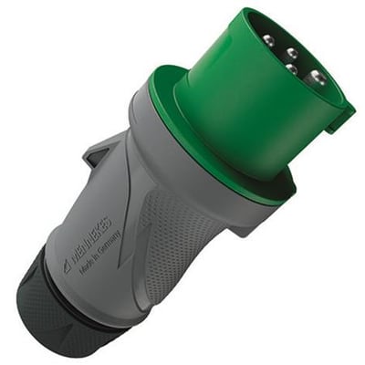 Mennekes CEE-stikprop PowerTOP Xtra R, 32 A og 4-polet, med grønt stik og gråt, ergonomisk greb set skråt.