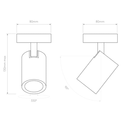Teknisk tegning af Astro Ascoli Single spot, viser dimensioner 130mm højde, 80mm bredde og dybde samt kipvinkel.