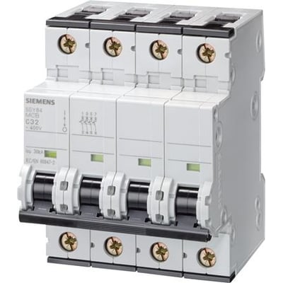 Siemens SENTRON 5SY 4-polet automatsikring på 6 A med fire sorte vippekontakter på grå front.