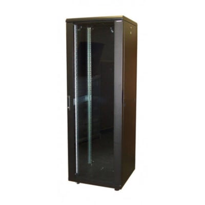 Sort 19" gulvrack 42HE med glasdør, måler 800x800x2080 mm, perfekt til serverinstallationer.