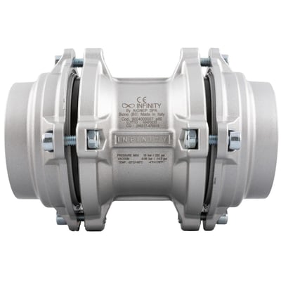 Lige samler til rør med 110mm diameter, lavet af metal med synlige bolte og tætningsring.