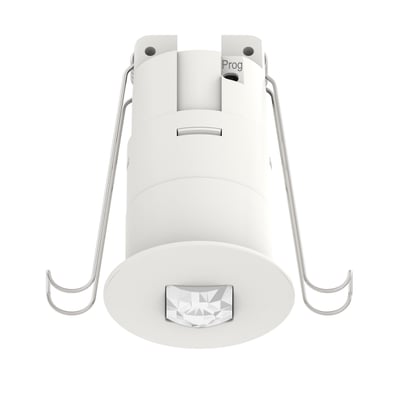 Schneider Electric KNX Mini-PIR loft detektor i hvid plast med monteringsklemmer og integreret bevægelsessensor til indbygning.